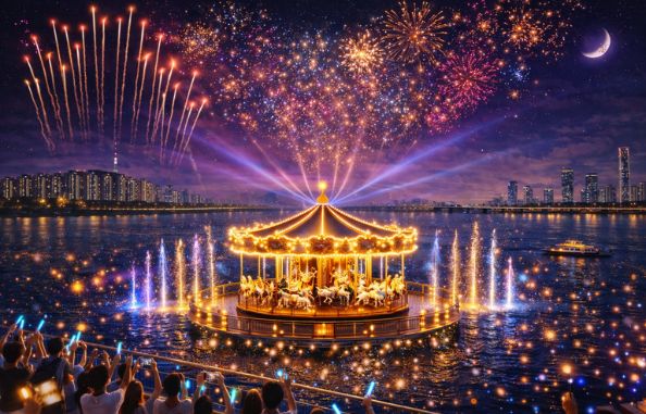 Seoul Spring Festival signature show water carousel laser fireworks Han River