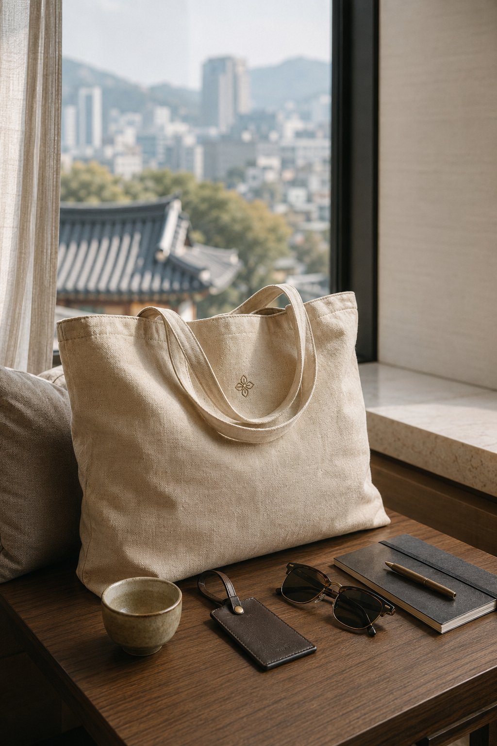 [세로 이미지] 호텔 에코백 클로즈업 또는 객실 창가의 소지품 · 권장 900 × 1200px
