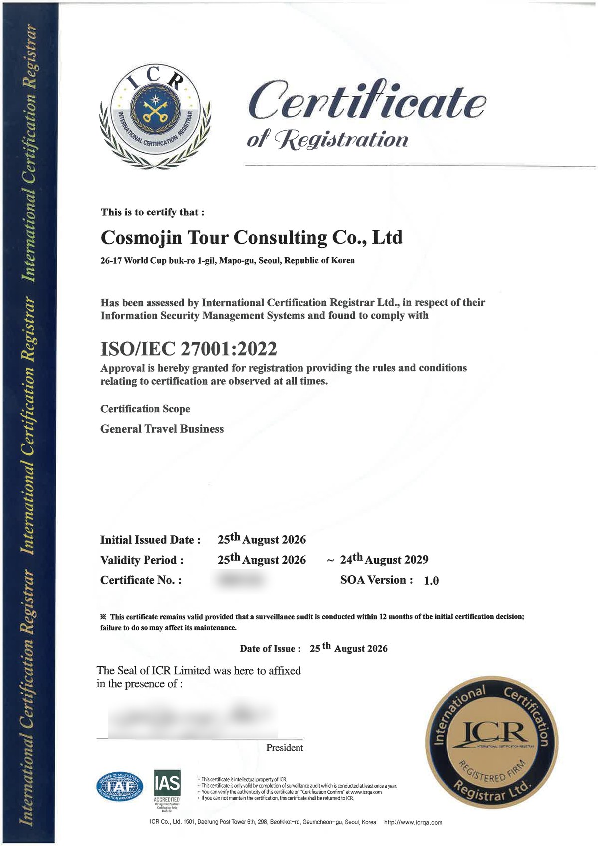 Cosmojin Tour Consulting ISO/IEC 27001:2022 Information Security Management System Certificate